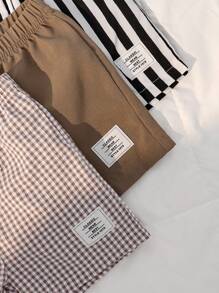 Souflis Souflis 3pcs Infant & Toddler Boys' Casual Khaki Plaid, Black & White Stripe, Solid Color Shorts, Summer Essentials For Daily Wear, Vacation & Outings