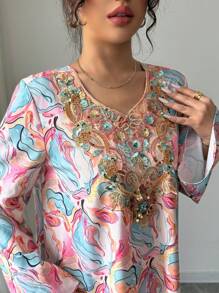 Yasmyna 女式V领长袖亮片刺绣彩色印花宽松优雅浪漫阿拉伯连衣裙女式夏季朴素长袍 - 彩色 - 查看 6