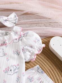 3pcs Baby Girl Floral Rabbit Printed Ruffled Top, Pants & Headband Set, Spring/Summer Home Clothes - Baby Pink - View 6
