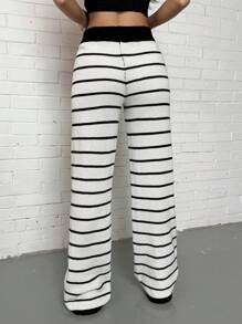 SHEIN EZwear 女式休闲抽绳腰条纹针织裤 - 黑與白 - 查看 2