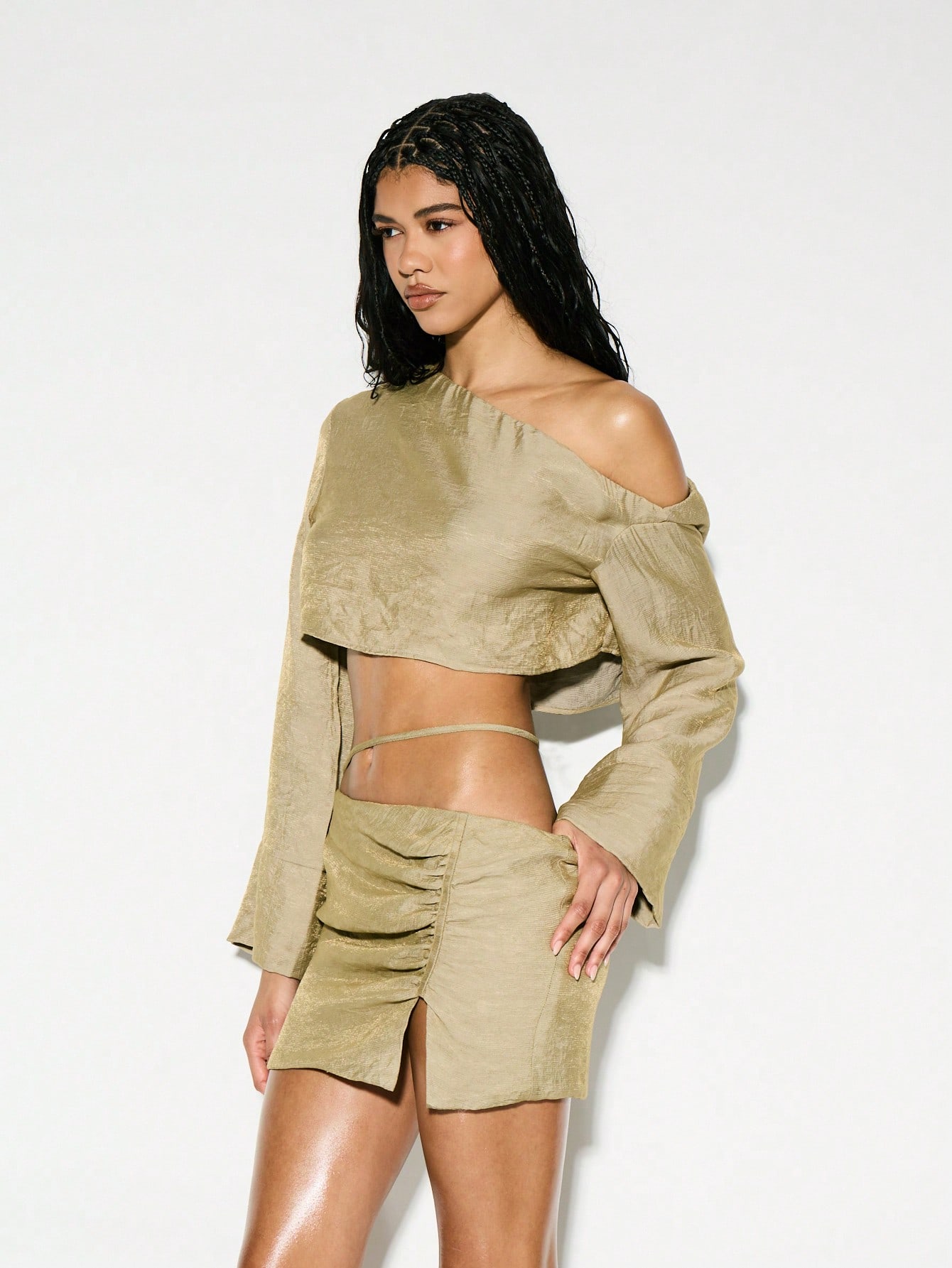 KIZN One Shoulder Long Bell Sleeve Crop Top Modern Fashion