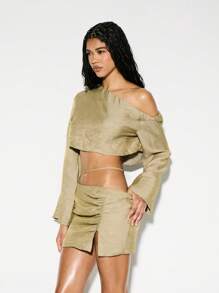 KIZN Blusa corta de un hombro con mangas acampanadas largas para festival, club, fiesta y noche - Moda moderna de primavera y verano para clubes, Ibiza - Verde - Ver 4