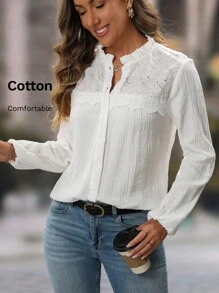 EMERY ROSE Women's Button Eyelet Embroidered Long Sleeve Plain Simple Elegant Blouse - White - View 1