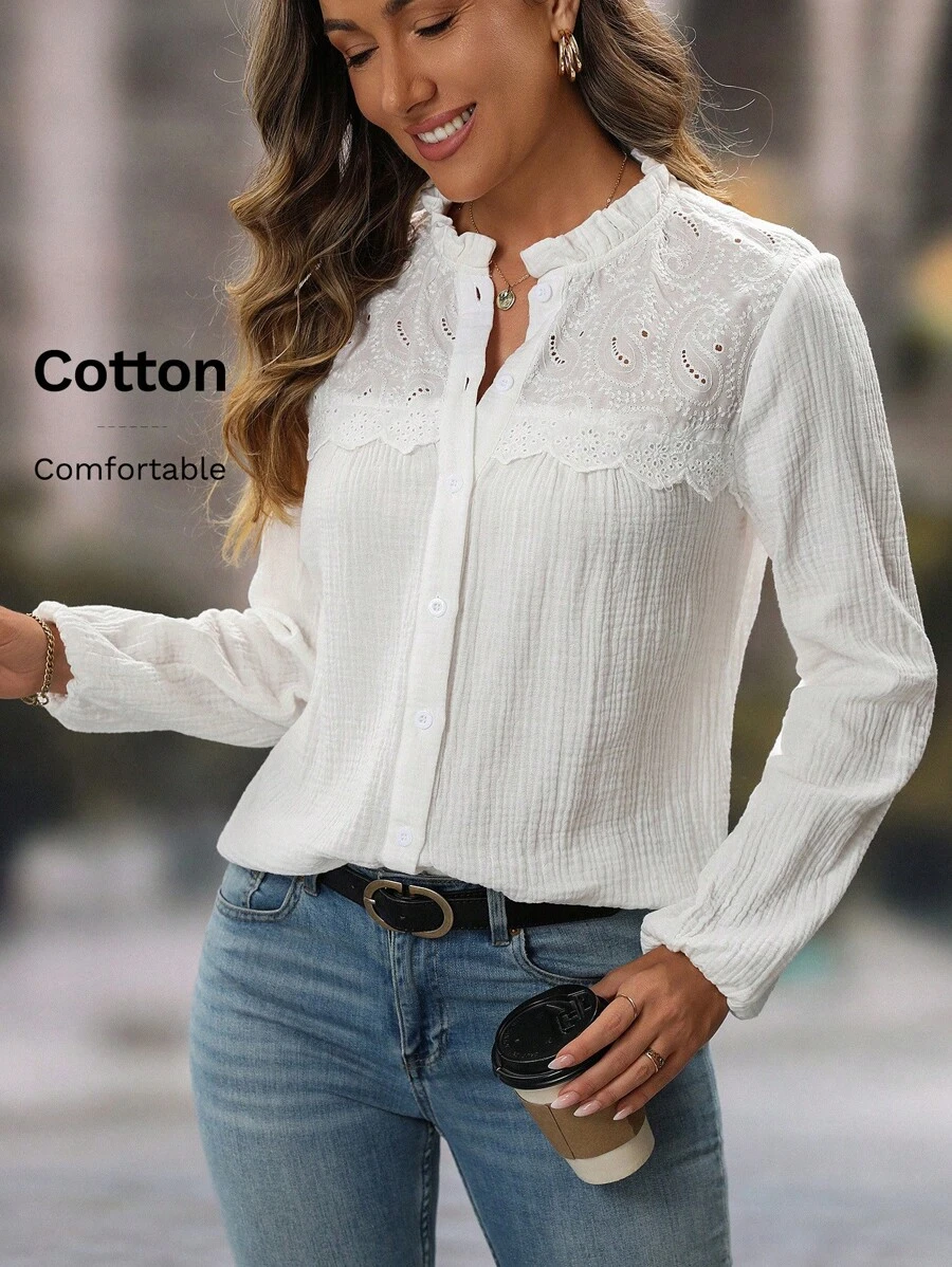 EMERY ROSE Women's Button Eyelet Embroidered Long Sleeve Plain Simple Elegant Blouse - White - View 1