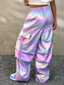 Coolane Kids Tween Girls Spring/Summer Pink Flap Pocket Side With Ribbon Drawstring Waist Wide Leg Parachute Cargo Pants Daily Casual Comfy Trousers - Mauve Purple - View 5