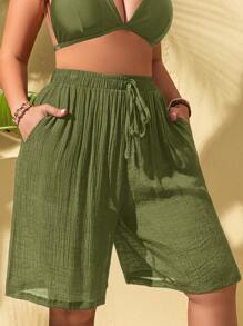 Swim Lushoire Lace Up Plus Size Women's Romper With Pockets, Loose Fitting Short Jumpsuit For Summer Beach Vacation - Army Green - View 4