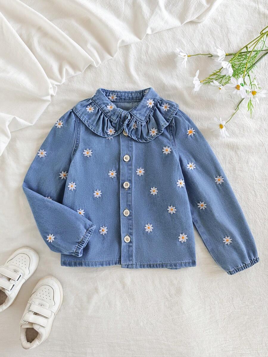 年轻女孩春夏假日休闲可爱俏皮雏菊全刺绣荷叶边领衬衫，带松紧下摆