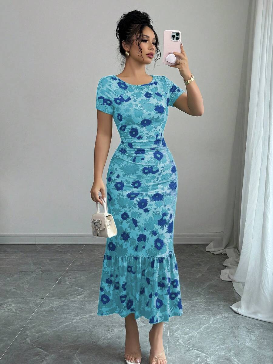 Elenzga Váy midi họa tiết hoa thanh lịch của Pháp có viền xếp nếp tay ngắn - Màu xanh lam - Xem 1