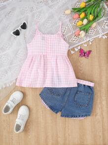 SHEIN Vintaside Kids 2pcs Girls Casual Outfit: Ruffle Strap Top In Pink & Distressed Denim Shorts In Blue With Plaid Belt, Stylish & Versatile For Everyday Wear Summer Holiday - Multicolor - View 2