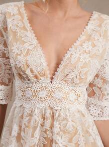 Amorya Vestido blanco evasé de mujer con escote en V y bordados, de estilo de moda elegante