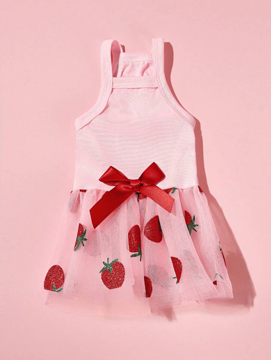 PETSIN 1pc Pet Strawberry Print Tulle Dress With Bow Tie, Cute & Sweet For Dogs And Cats - Multicolor - View 1