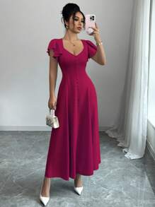 Elenzga Nuevo vestido largo, de ajuste ceñido, con cuello de corazón, de manga corta, diseño francés de nicho, color azul, adecuado para citas y vacaciones. Colección primavera/verano 2025