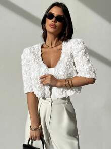 Firerie Chaqueta corta de manga corta, ligera y con textura de rosa 3D, elegante, minimalista, romántica y sofisticada para mujer, ideal para citas, ir al trabajo y vacaciones en otoño/invierno