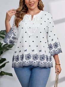 SHEIN Clasi Elegante camicia in taglie comode per donna con ricamo occhiellato e blocchi di colore