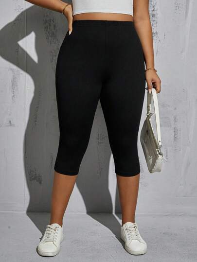SHEIN Essnce Plus Size Women's Summer Capri Pants, 2 Pieces Of Leggings, Black Leggings With Pockets, Yoga Fitness Pants, Comfort Leggings, Summer Pants