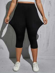 SHEIN Essnce Quần Capri mùa hè cỡ lớn cho nữ, 2 chiếc quần legging, quần legging đen có túi, quần tập yoga, quần legging thoải mái, quần mùa hè - màu đen - Xem 4