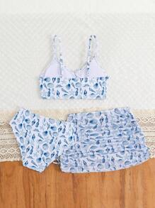 Tween Girl Full Print Vacation Beach Swimwear Set - Multicolor - View 5