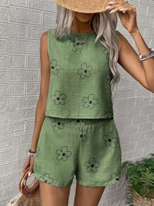 Breezaya Women's Floral Print Loose Round Neck Vest And Shorts 2 Pieces Set, Vacation - Army Green - View 5
