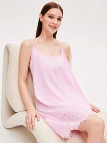 LUVLETTE 粉色婚礼必备刺绣性感睡裙棉质透气女士睡衣吊带裙内衣作为外套新娘内衣和睡衣 - 粉色 - 查看 7