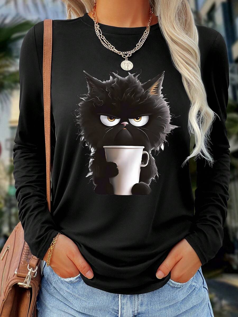 SHEIN LUNE Halloween Women Cartoon Black Cat Chest Print Casual Comfortable Versatile Long Sleeve T-Shirt Graphic Tees Women Tops For Spring Fall Cloth For Women - Black - View 1