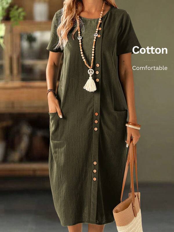 EMERY ROSE Vestido casual de manga corta con bolsillo y botones al frente de unicolor para mujer