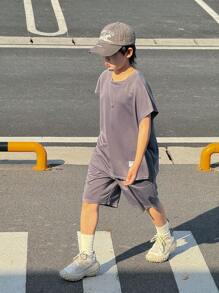 Tween Boys' Casual Street Fashion Loose Fit Solid Color Versatile Comfortable Tank Top & Shorts Set, Suitable For Commuting, School, Daily Wear, Sports, Spring/Summer - Grey - View 7