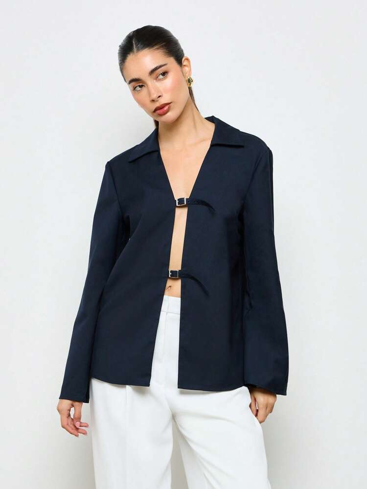 Elegant Satin Long Sleeve Blouse With Double Buckle Detail