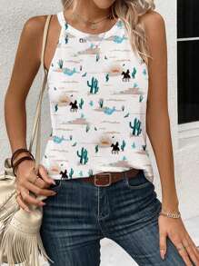 INAWLY Canotta casual a costine con stampa di cactus in stile deserto occidentale - Multicolore - Visualizzare 4