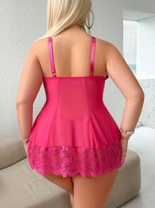 SHEIN 2pcs/Set Plus Size Sexy Deep V Lace & Mesh Lingerie Set With G-String