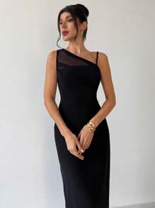 Firerie Elegant Minimalist & Chic Fashion Music Festival Daily Vacation Women's Black Mesh Asymmetrical Neck Ruched Fitted Dress - Black - View 3