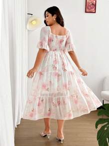 SHEIN Clasi Vestido largo y vaporoso de gasa con estampado floral y cuello cuadrado para mujer de talla grande - Rosa - Ver 2