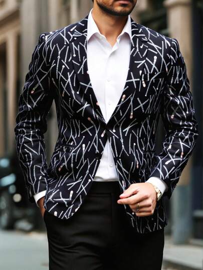 Manfinity Mode Men's All-Over Abstract Print Lapel Collar Long Sleeve Casual Business Suit Jacket Blazer For Man Casual Blazer For Men Blazer Jacket For Men Men Blazer Casual