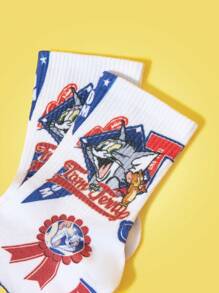 TOM & JERRY X SHEIN 1 Paar Damen Cartoon & Buchstaben Muster weiße modische Crew Socken