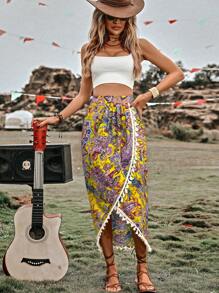 Breezaya Gonna lunga con stampa paisley, orlo arricciato con nappe, outfit da vacanza in spiaggia per donna