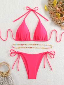 Swim Vcay Women's Summer Beach Solid Color Halter Tie Sexy Bikini 3pcs Set, Waist Belt Detachable, Random Color Beaded Waist Chain - Watermelon Pink - View 7