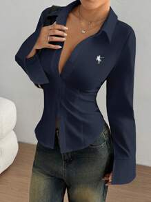 TRNVIE Long Sleeve Women's Shirt With Embroidered Chest And Waist Cinching Fall Cloth For Women - Navy Blue - View 6