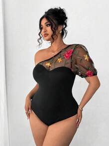 Elenzga Body elegante con cuello asimétrico, mangas cortas, decorado con volantes de malla con estampado de hojas en talla grande - Multicolor - Ver 4