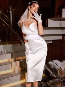 SilkySpell Luxurious Semi-Sheer White Satin Midi Sleep Dress For Women, Featuring Delicate Lace And Feather Detail, Sleeveless With Spaghetti Strap Neckline - White - View 3