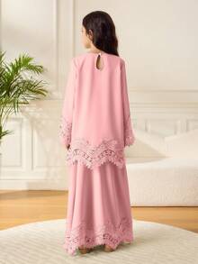 3 件套女童长袖上衣，带刺绣花边，裤子和头巾套装，适合外出、上学、居家和斋月长袍仪式 - 淺粉色 - 查看 2