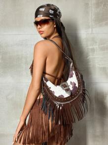 SHEIN ICON Ladies, Women Shoulder Bag, Hobo Bag, Fashionable, Personalized, Simple, Versatile, Street, Sweet And Cool Girls, Hot Girls, Y2k, Retro, Rivets, Vintage, Tassels, Cow Print, Western Style, Bohemian Style, Music Festival, Teenagers, Perfect For Rodeo Occasion, Animal Print Women Bag, 2000s Fashion Style Bag For Women, Vintage Bag For Women - Brown - View 2