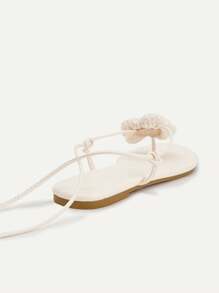 CUCCOO CHICEST Women's Woven Camellia Ankle Strap Square Toe Flat Sandals, Elegant And Romantic Casual White Knitted Ladies Flat Sandals For Afternoon Tea, Vacation, Beach And Hawaii Style