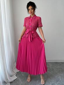 Gloray 2 Pieces Set: Elegant Embroidered Shirt Collar Single Row Pearl Button Pleat Skirt For Women, Casual - Hot Pink - View 3