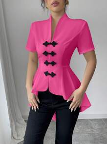 Elenzga 女式 2024 年新款休闲衬衫，正面有手工纽扣，下摆不对称 - 玫紅色 - 查看 4