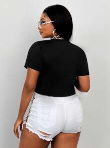 Maweii Plus Size Sexy Style Metal Zipper Short Sleeve T-Shirt - Black - View 2