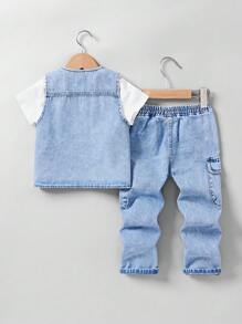 SHEIN 2pcs/Set Young Boy Distressed Stonewashed V-Neck Multiple Cargo Pockets Blue Denim Vest Jacket And Loose Fit Cargo Jeans,For Kids Fall/Winter Outdoor Daily Wear Outfits - Light Wash - View 2