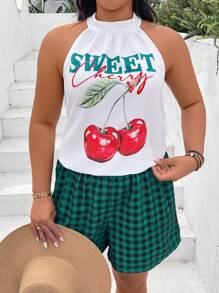 SHEIN VCAY 2pc Plus Size Sleeveless Top And Shorts Set,White,Summer,Casual,Beach,Holiday Cherry Vacation Outfits Green Pants St Pattys Day Off Shoulder - Green - View 5