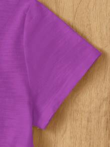 SHEIN EZwear Vestido de muñeca de unicolor con cuello redondo y corte evasé, con parches, de tela de algodón para tallas grandes - Morado - Ver 4