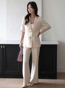 DAZY Solid Color Short Sleeve Women's Lapel Single Breasted Casual Blazer Jacket Business Attire - Apricot - View 3