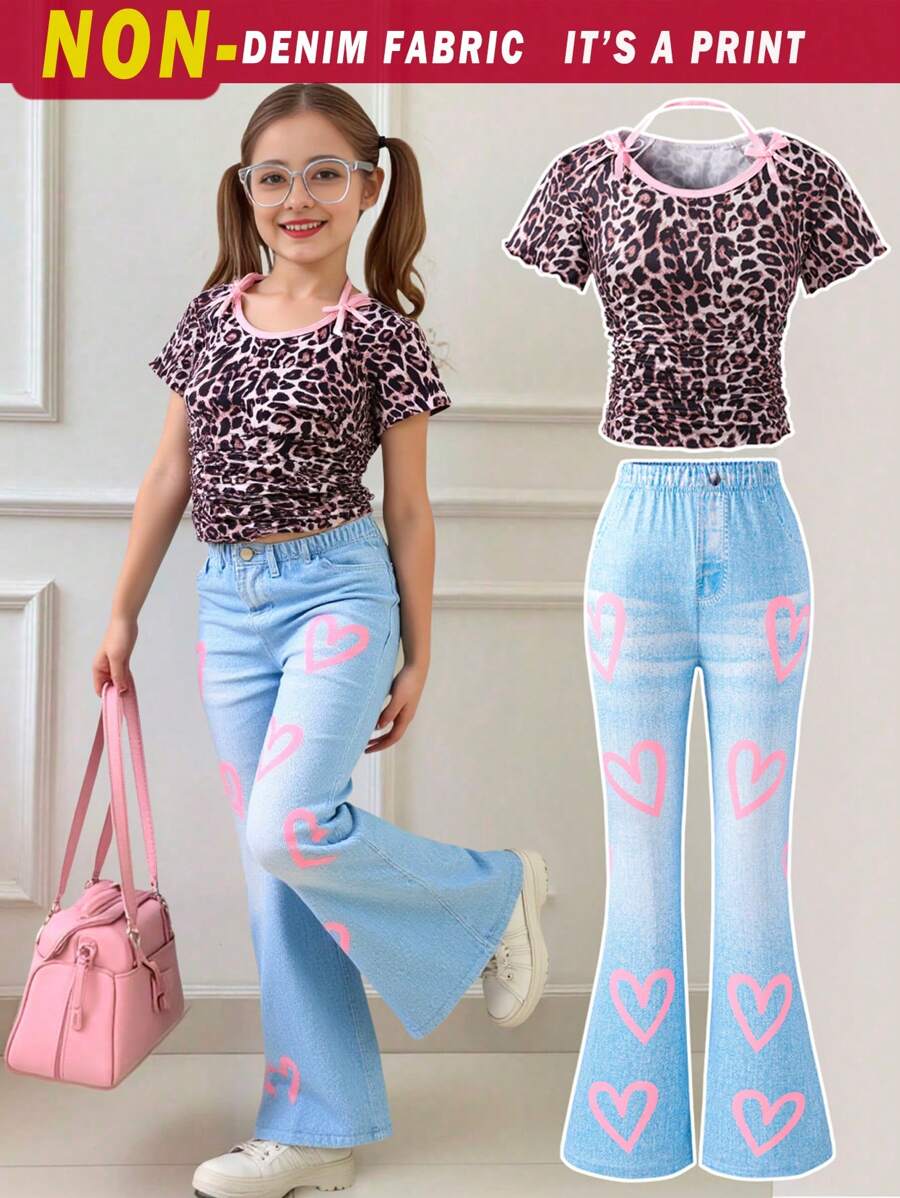 2pcs/Set Girls Y2K Leopard Print Halter Bow Decor Drawstring Short Sleeve T-Shirt Paired With Heart Denim Effect Print Flare Pants, Spring/Summer - Coffee Brown - View 1