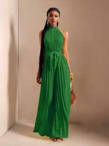 Zivah 春夏新款休闲度假小立领无袖褶皱超宽松阔腿特长裤腰带蝴蝶结黄色女连体裤-M - 綠色 - 查看 6